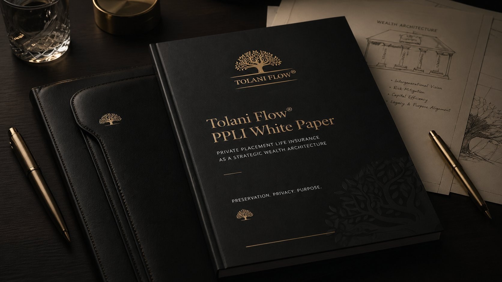 Tolani Flow PPLI White Paper presented on a dark executive desk with wealth-architecture notes