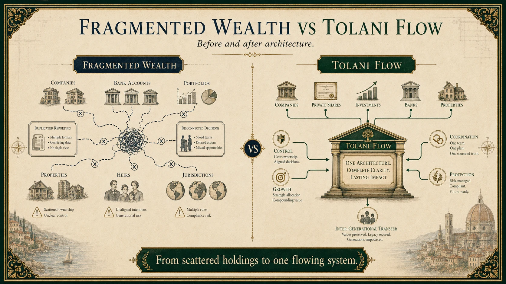 Comparison infographic showing fragmented wealth versus Tolani Flow architecture.
